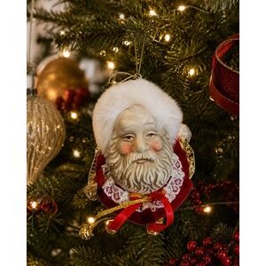 Vintage‎ Santa Claus Head Christmas Ornament Red Velvet Lace Gold Bells 5.5 Inch